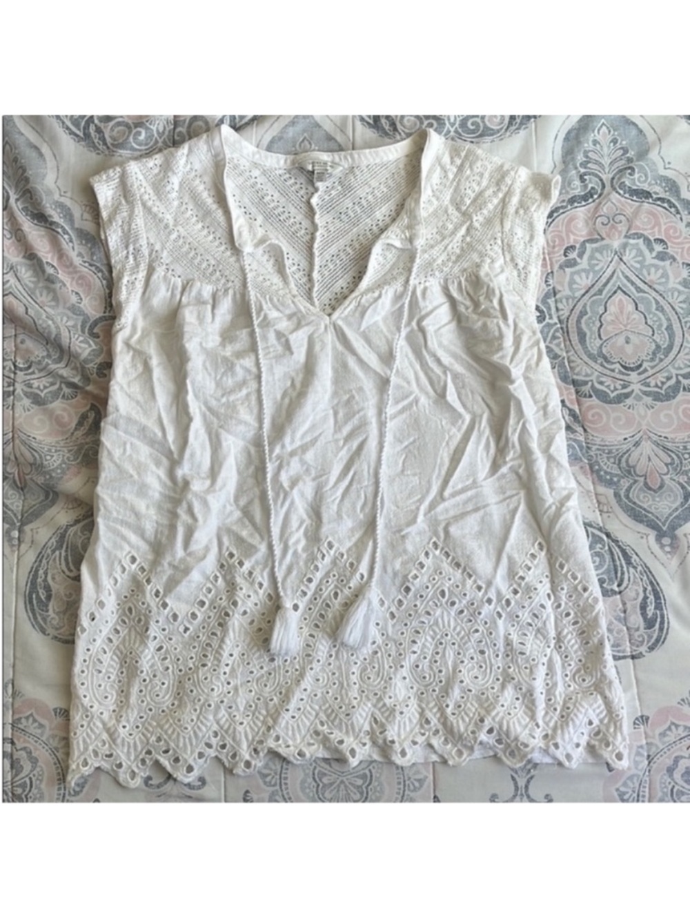Lucky Brand White Eyelet Cotton Peasant Top with Tassel Tie